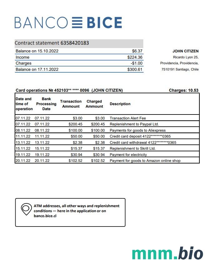 Szablon wyciągu bankowego Chile Banco Bice, format Excel i PDF